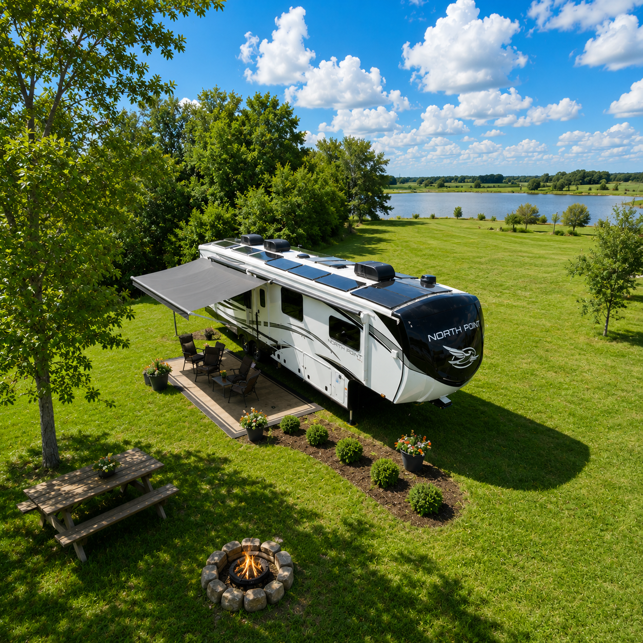 North Point fifth wheel with rooftop solar parked beside a lake