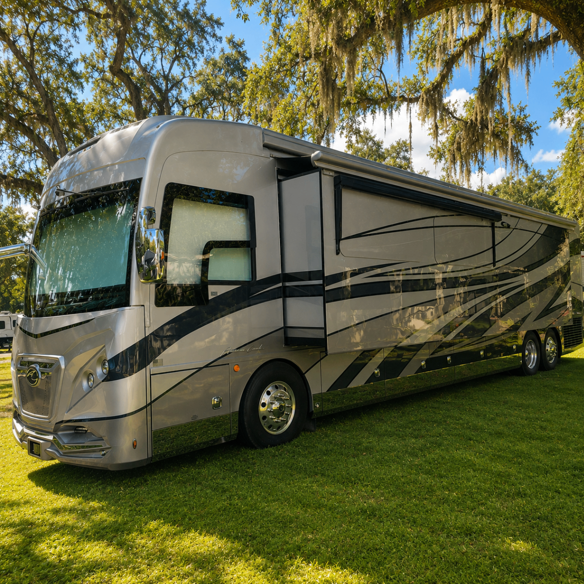 Luxury motorcoach parked under live oaks after a solar-ready upgrade