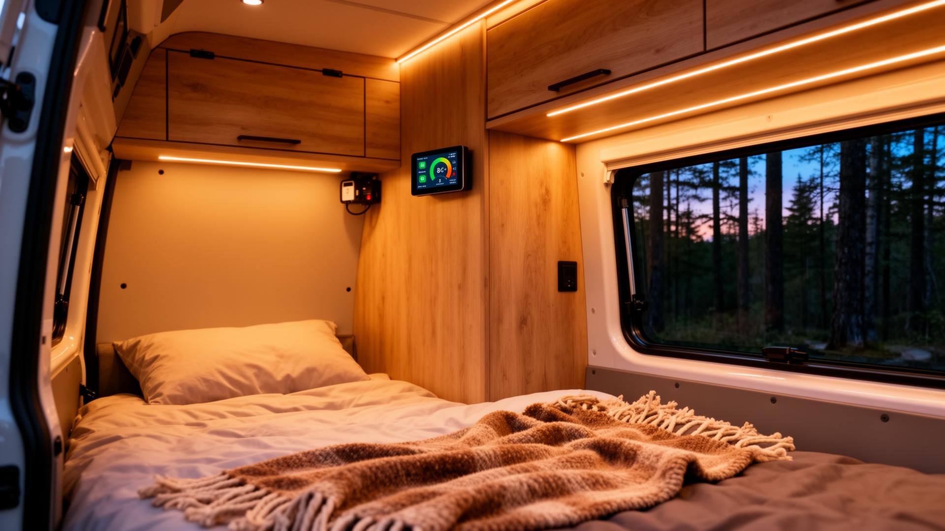 Cozy RV interior powered by solar at dusk